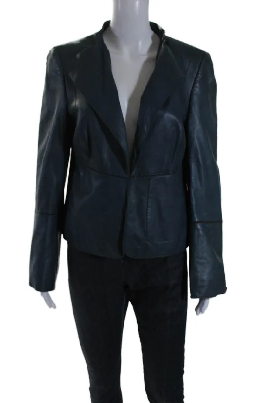 BlazeroffenseAkris Womens Leather Draped Front Split Hem Blazer Jacket Teal Blue