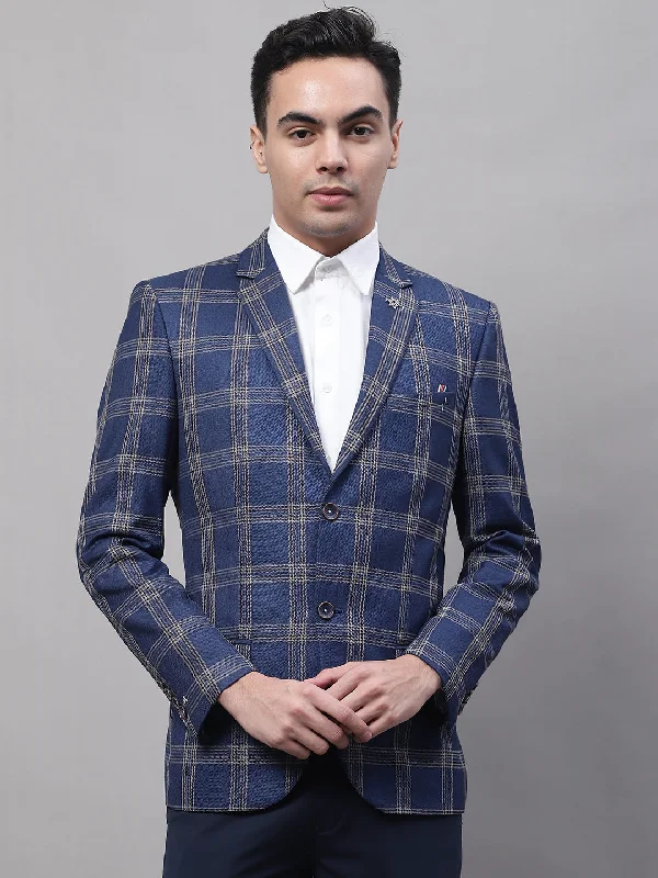 BlazerinnovationBlue Checkered Full Sleeves Formal Blazer For Men