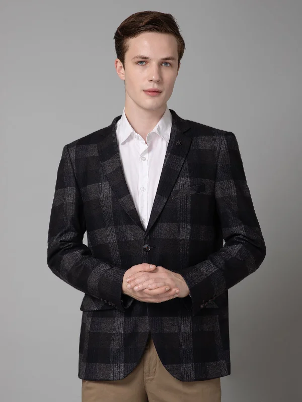 BlazervrDark Grey Brushed Checkered Full Sleeves Casual Blazer For Men