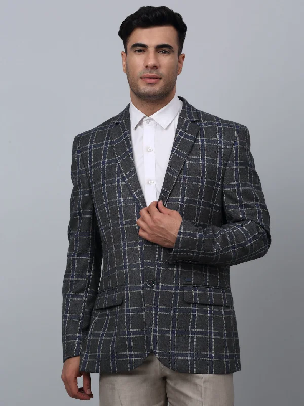 BlazercasualGrey Checkered Full Sleeves Formal Blazer For Men