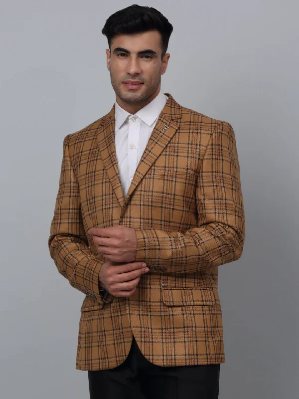 BlazerfanbaseLight Brown Checkered Full Sleeves Formal Blazer For Men