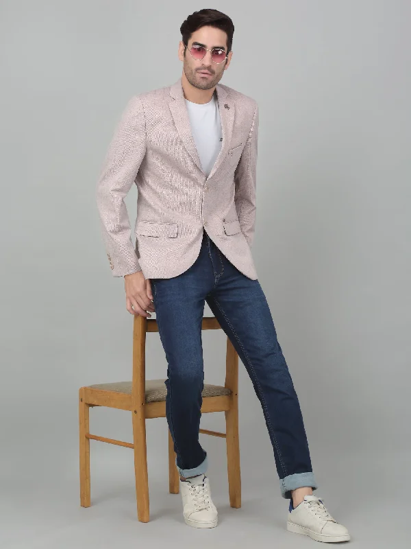 BlazerfitCantabil Men Peach Checkered Notch Lapel Casual Blazer