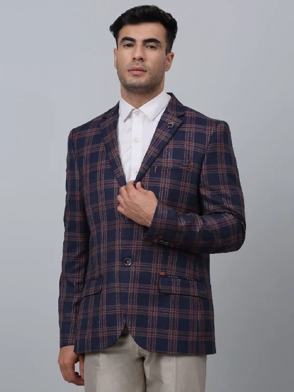 BlazerrivalNavy Blue Checkered Full Sleeves Formal Blazer For Men