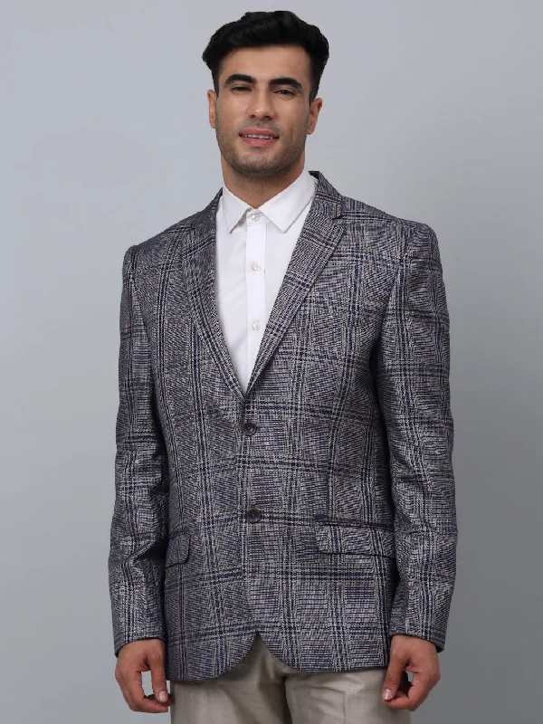 BlazershotNavy Checkered Full Sleeves Formal Blazer For Men