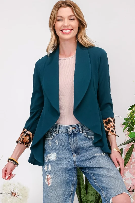 BlazerdunkCeleste Full Size Rolled Leopard Cuff Open Front Blazer