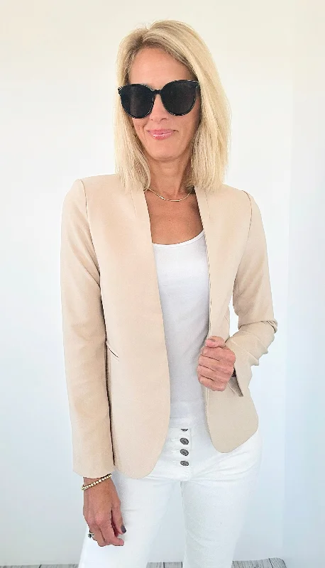 BlazeridentityCollarless Open Front Blazer - Khaki