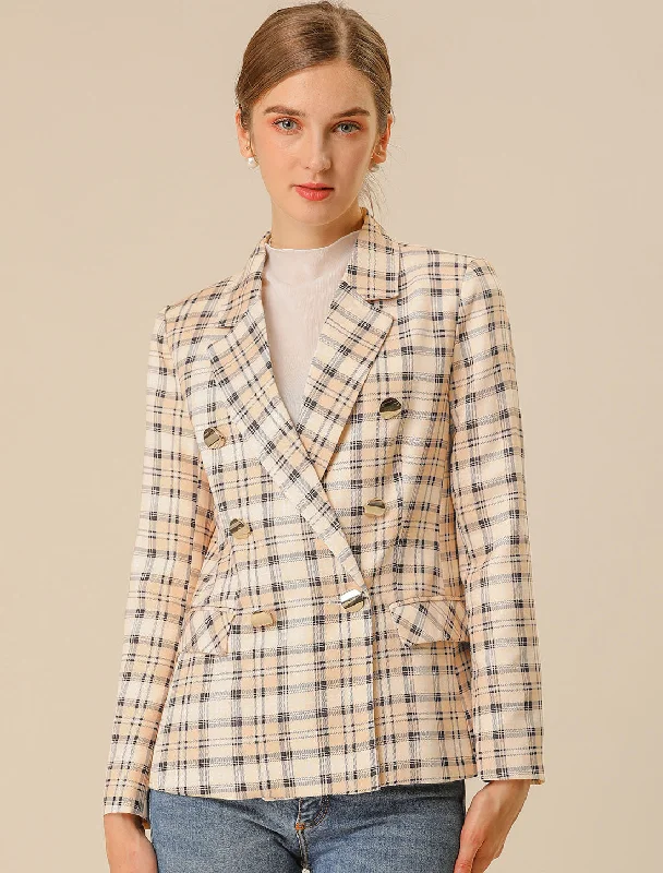 BlazertrendNotched Lapel Double Breasted Plaid Blazer Jacket