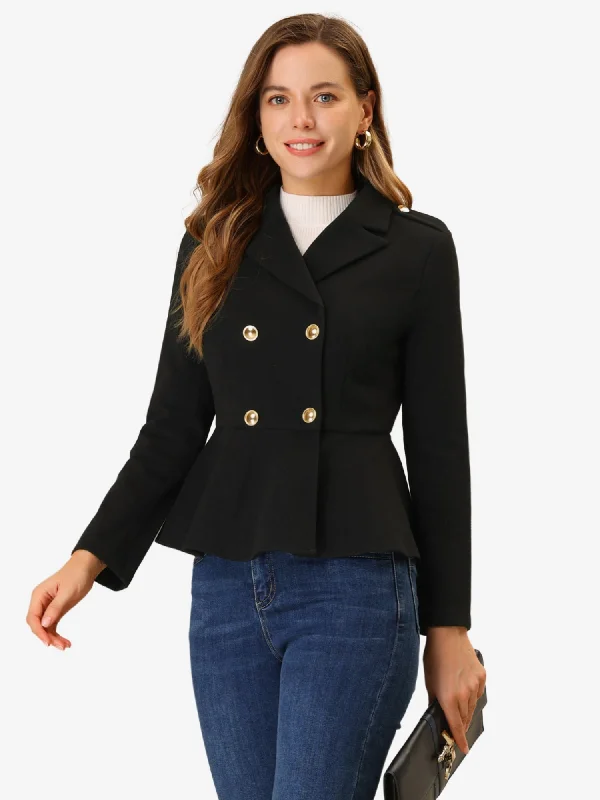 BlazerappDouble Breasted Pea Coat Notched Lapel Blazer Peplum Jacket