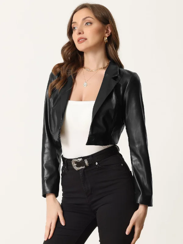 BlazermusicFaux Leather Cropped Blazer Lapel Collar Moto PU Jacket