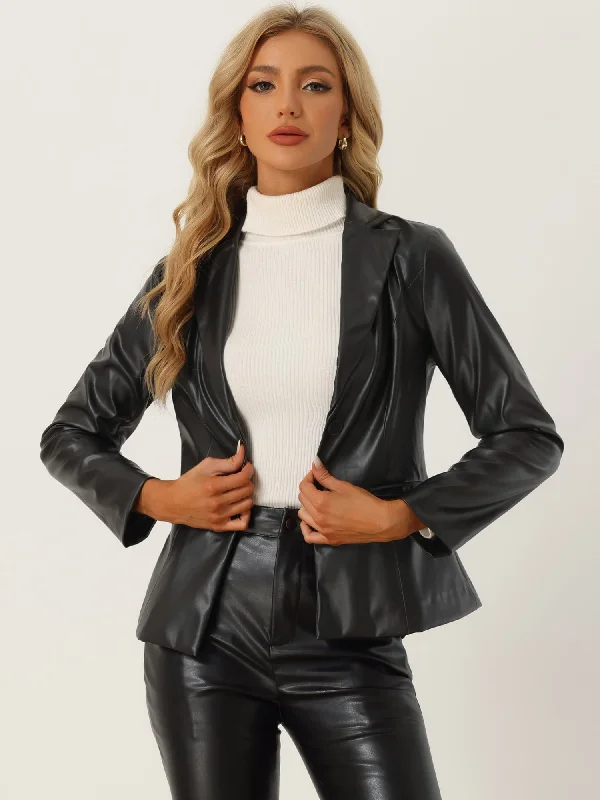 BlazerplatformFaux Leather Jacket Notched Lapel Single-Breasted Blazer Coat