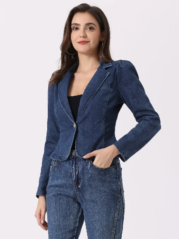 BlazereventNotched Lapel One Button Long Sleeve Denim Blazer Jean Jacket