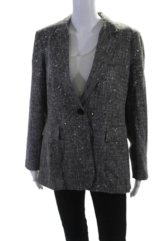 BlazeroffenseInsight Womens Holiday Sparkle Sequined Blazer Jacket Black White