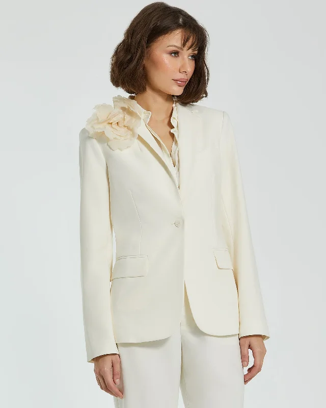 BlazercauseIvory Classic Crepe Blazer Jacket With Flower - FINAL SALE