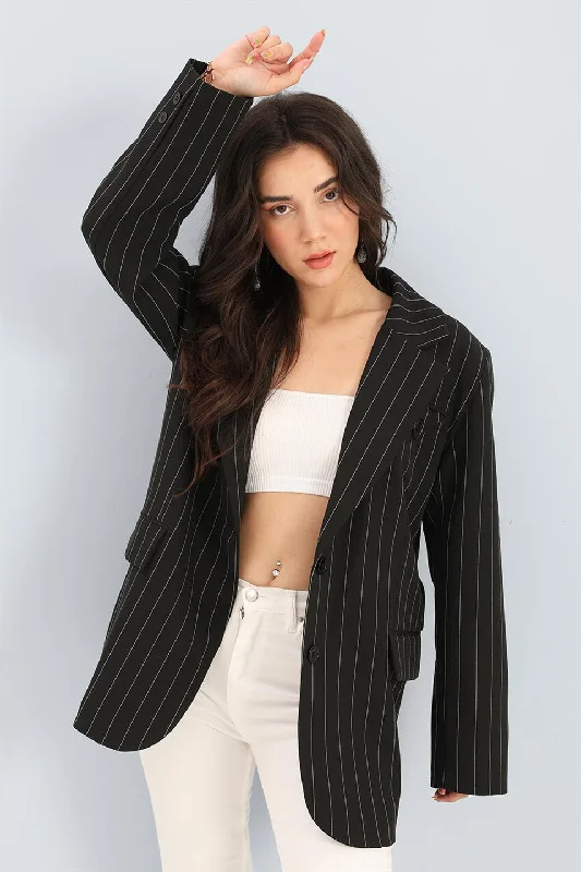 BlazerunityWomen's Blazer Jacket Striped Atlas Fabric - Black