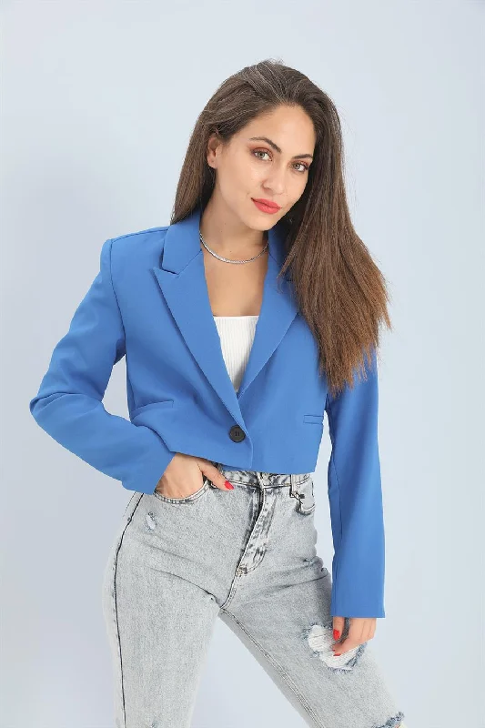 BlazerprintWomen's Double Peto Pocket Short Crop Blazer Jacket - Sax Blue