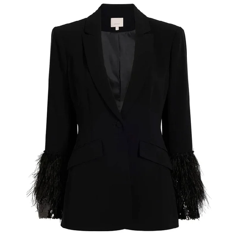 BlazertailorCinq a Sept Women's Cheyenne Sequin and Feather Trim Blazer Jacket Black