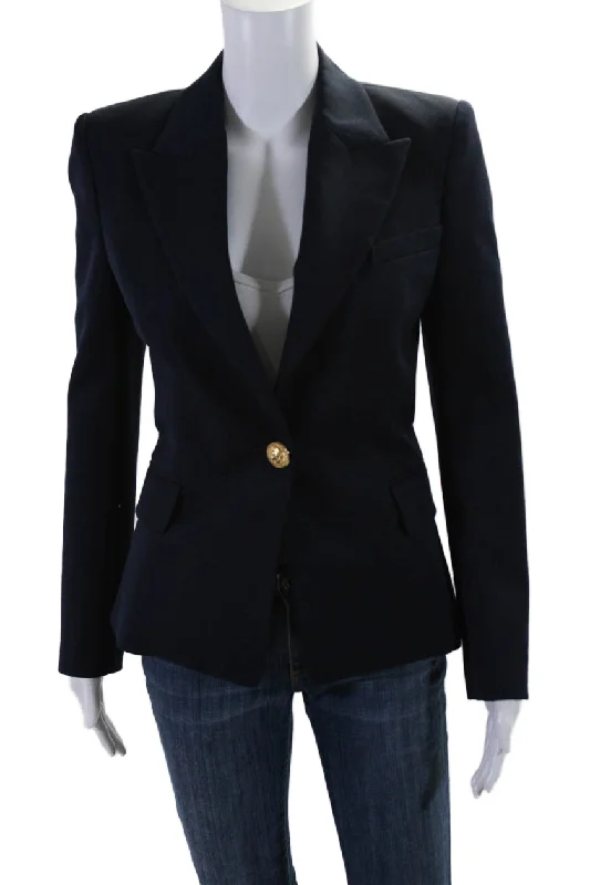 BlazerunityBalmain Womens Single Button Pointed Lapel Blazer Jacket Navy Blue Wool FR 36