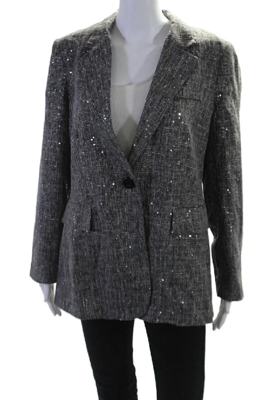 BlazeridentityInsight Womens Holiday Sparkle Sequined Blazer Jacket Black White