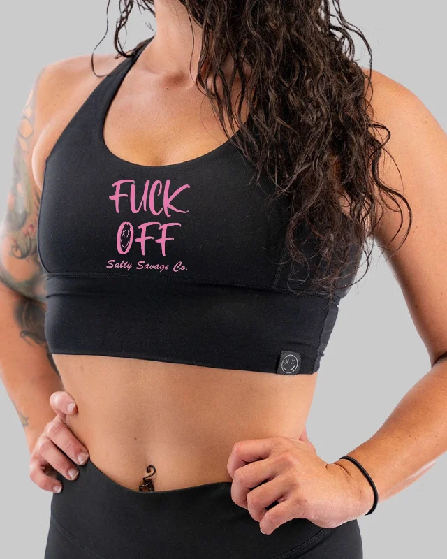 Running vestSalty Savage Ladies "Fuck Off" X Back Longlne Sports Bra | Cocoa Beach Performance | Pink