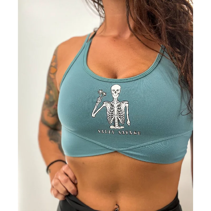 Thermal tankSalty Savage Ladies “Peace Skeleton” V Cut Sports Bra | Powder Blue