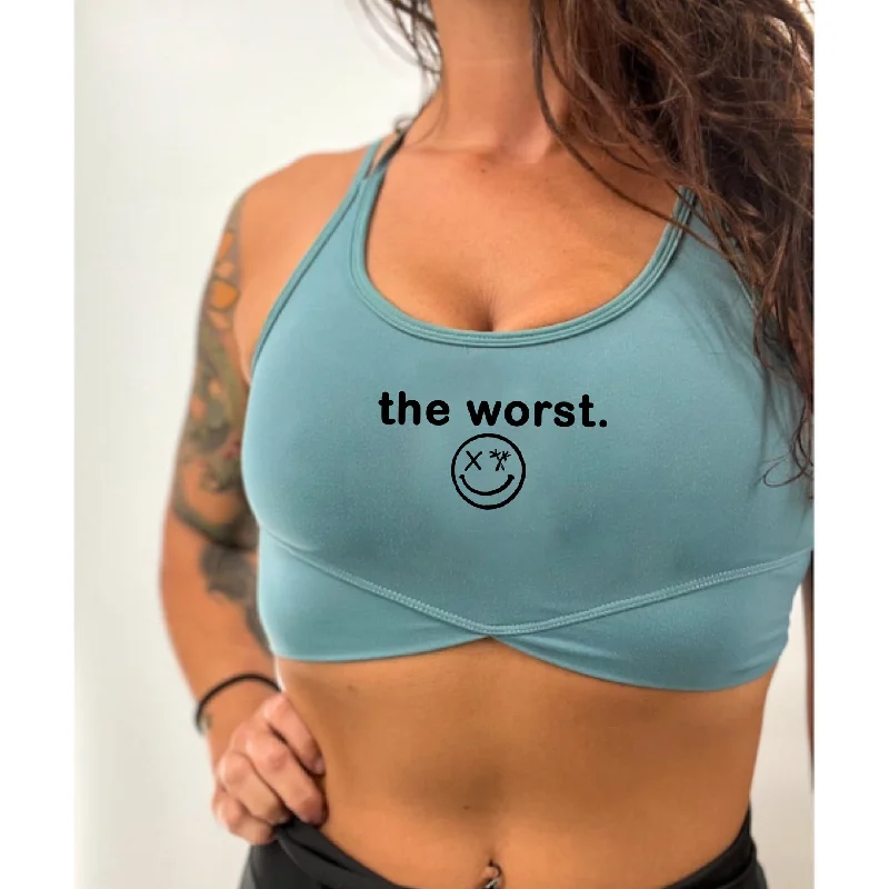 Athletic vestSalty Savage Ladies “the worst” V Cut Sports Bra | Powder Blue